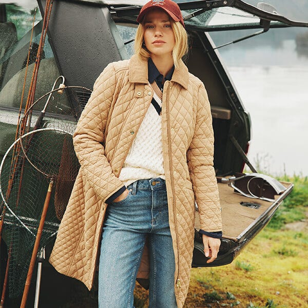 Joules Tan Brown Rosewell Showerproof Longline Diamond Quilted Jacket