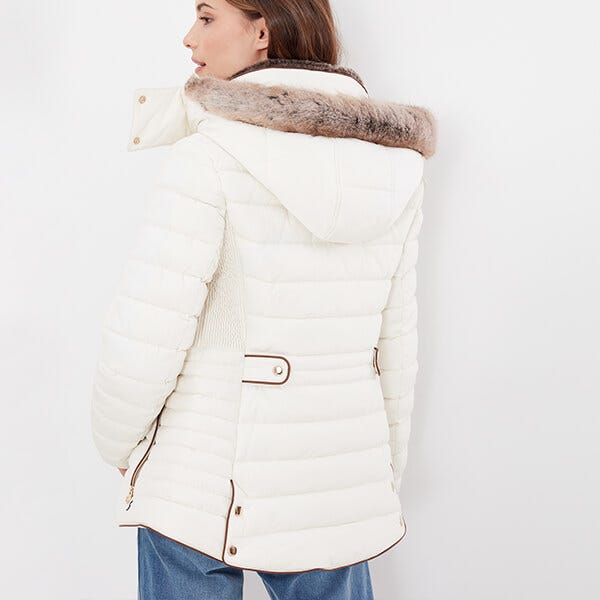 Joules Winter White Gosway Fur Trim Padded Coat Harts of Stur
