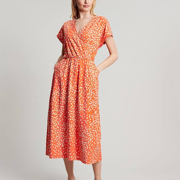 Joules Bright Coral Spot Vivian Midi Jersey Wrap Dress Harts of Stur
