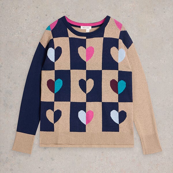 White Stuff City Check Heart Jumper Natural Multi
