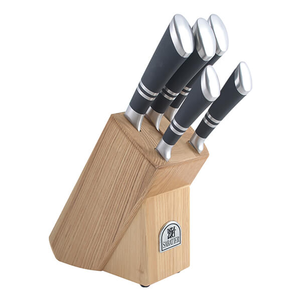 Professional Sabatier 5 Piece Kitchen Knife Set & Acacia Wood Block