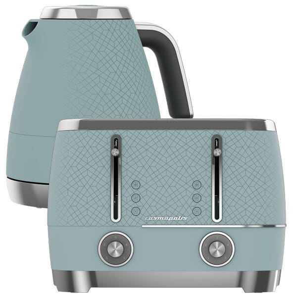 Beko Duck Egg Blue Chrome Cosmopolis Dome Kettle 4 Slice Toaster Set