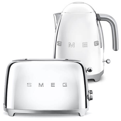 Smeg 2 Slice Toaster and Smeg 3D Logo Kettle Chrome/Polished Steel 