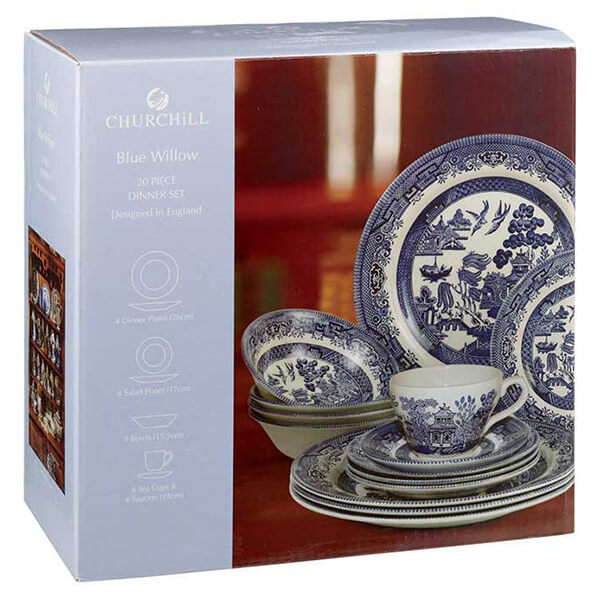 BLUE WILLOW TEA/DINNER SET 20 PIECE NEW BY CHURCHILL CHINA TRADITIONAL DESIGN 
