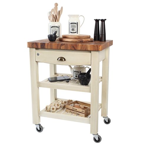 T & G Distressed Finish Pembroke Cream Kitchen Trolley Acacia Top Fully Assembled