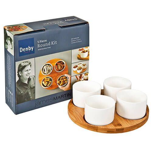 James Martin Denby 5 Piece Dip Bowl Kit With Round Bamboo Board