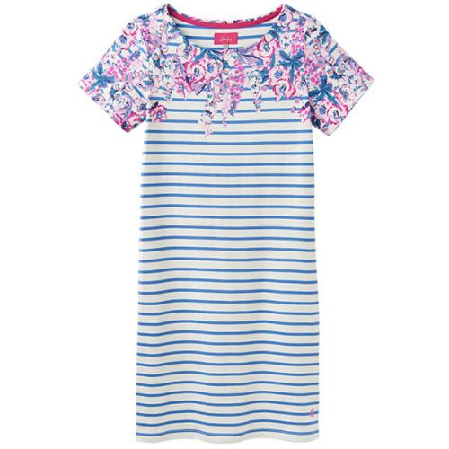 Joules Riviera Print Blue Floral Stripe Printed Dress With Short Sleeves