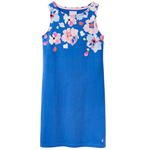 Joules Riva Print Mid Blue Border Floral Sleeveless Jersey Dress Size 16