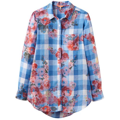Joules Jeanne Print Blue Gingham Floral Longline Linen Shirt