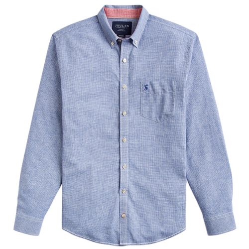 Joules Linen Classic Blue Houndstooth Long Sleeve Classic Fit Linen Mix Shirt