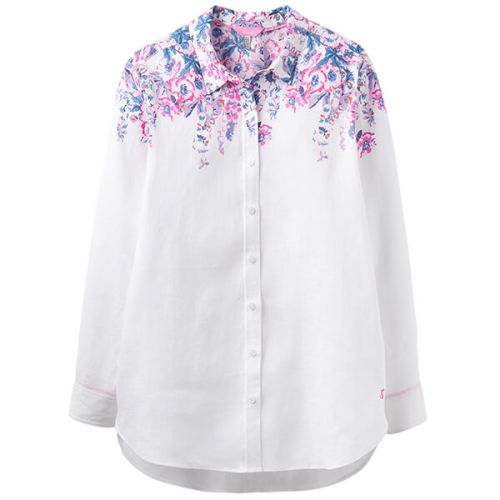 Joules Jeanne Print White Floral Border Longline Linen Shirt