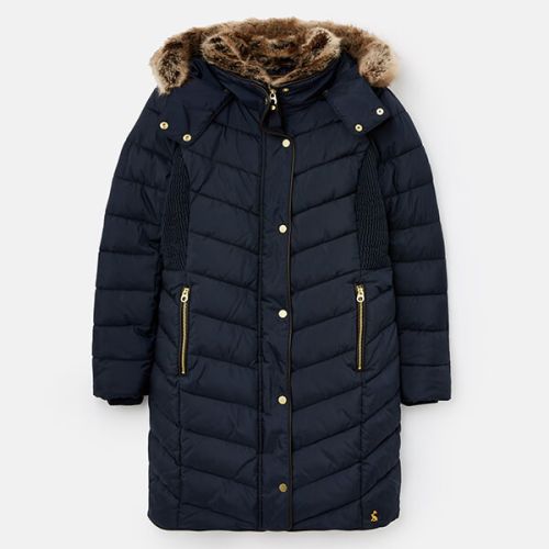 Joules Marine Navy Cherington Chevron Quilted Longline Padded Coat Size 16