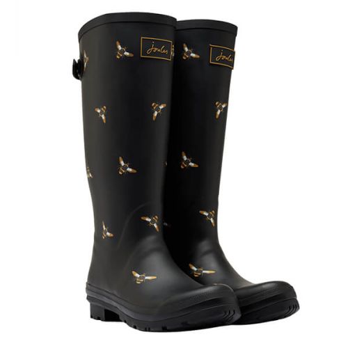 Joules Black Bee Printed Wellies with Adjustable Back Gusset