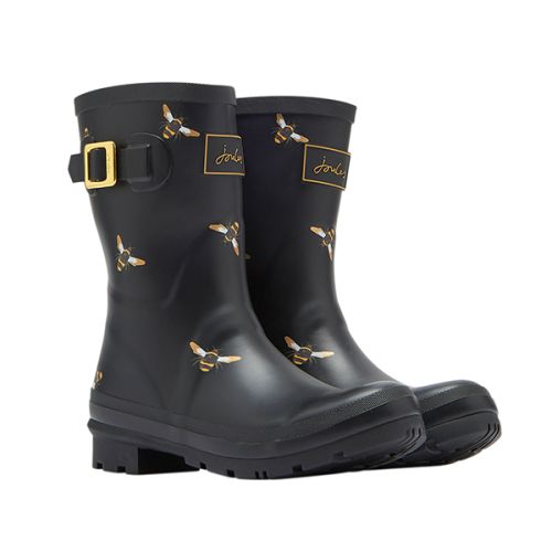 Joules Molly Black Metallic Bees Mid Height Printed Wellies Size 6