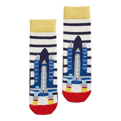 Joules Eat Feet Cream Navy Stripe Rocket Character Socks