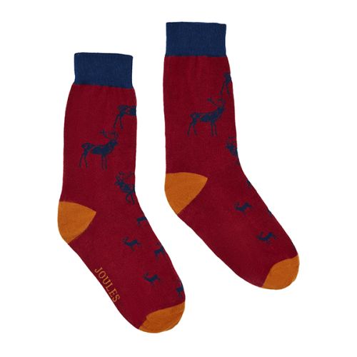 Joules Striking Single Red Navy Stag Cotton Pair Of Socks Size 7-12