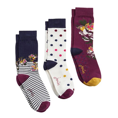 Joules Brilliant Bamboo 3 Pack Purple Multi Floral Bamboo Socks Size 4-8