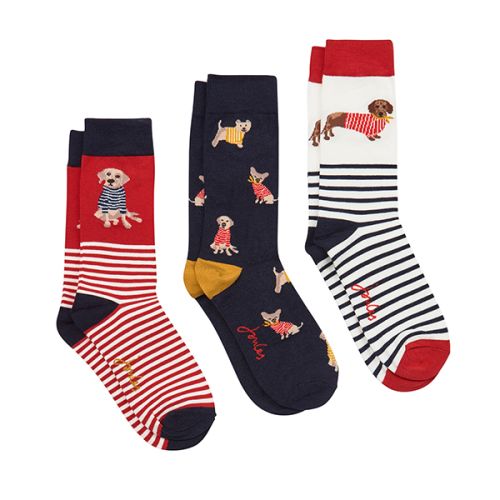 Joules Brilliant Bamboo 3 Pack Red Multi Dog Bamboo Socks Size 4-8