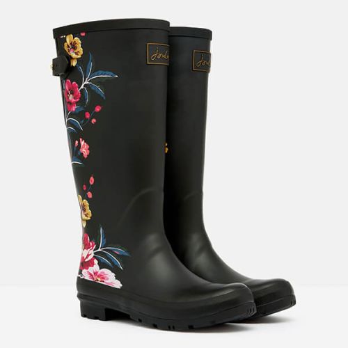 Joules Black Border Floral Printed Wellies with Back Gusset