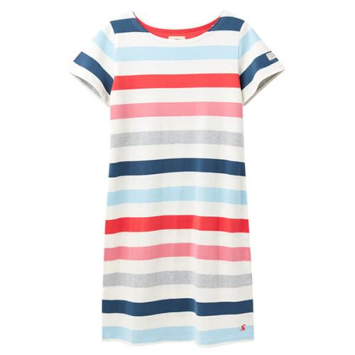 Joules Cream Pink Stripe Riviera Printed Dress With Short Sleeves