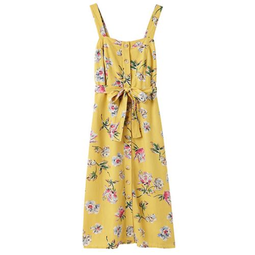 Joules Lemon Floral Kimia Button Through Strappy Dress With Waist Tie