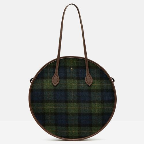 Joules Navy Green Check Tweed Fulbrook Round Bag