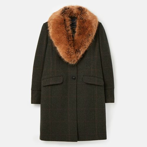 Joules Dark Green Tweed Langley Longline Coat with Fur Trim
