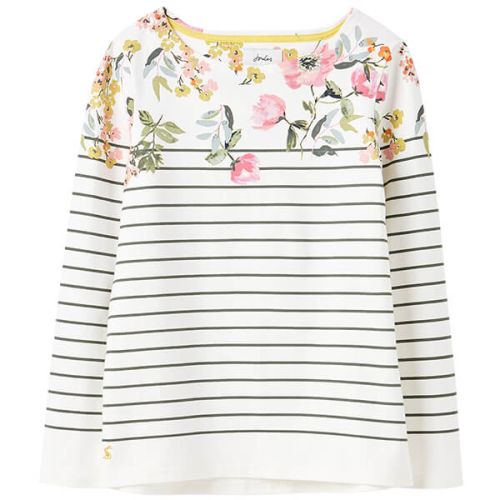 Joules Cream Green Stripe Floral Harbour Long Sleeve Jersey Top