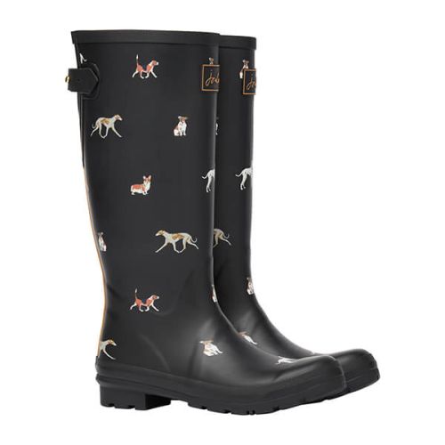 Joules Black Dog Printed Wellies With Adjustable Back Gusset