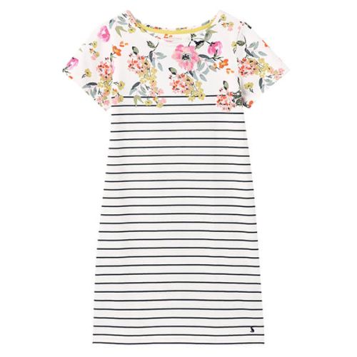 Joules Cream Green Floral Riviera Printed Dress with Short Sleeves