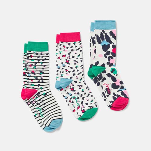 Joules Cream Leopard Excellent Everyday 3 Pack Socks Size 4-8