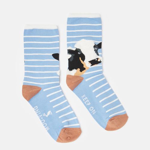 Joules Excellent Everday Single Socks Blue Cow Size 4-8
