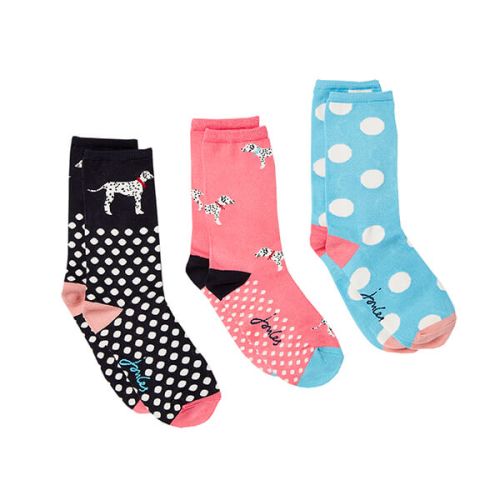 Joules Pink Dalmation Excellent Everyday 3pk Eco Vero Socks Size 4-8 