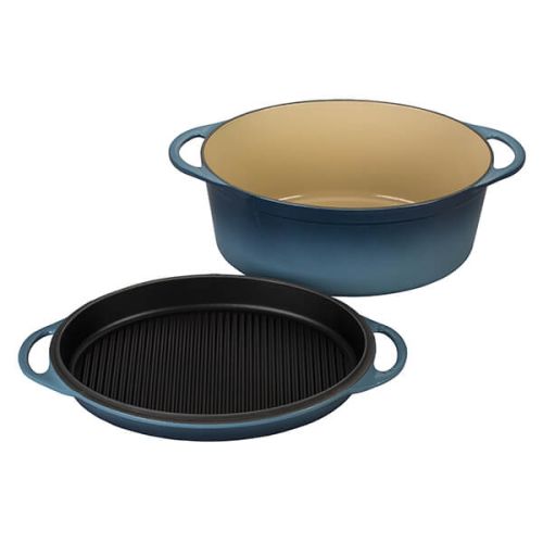 Le Creuset Marine Cast Iron 28cm Oval Casserole with Grill Lid