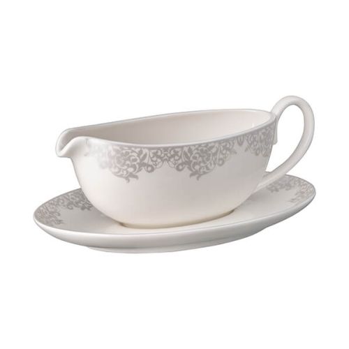 Denby Monsoon Filigree Silver Sauce Boat & Stand