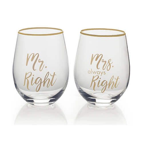 Mikasa Mr Right & Mrs Always Right Set Of 2 Stemless Wine Glasses