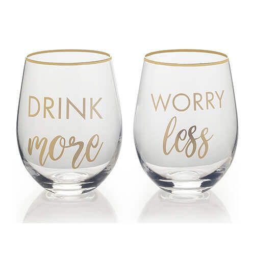 Mikasa Drink More Worry Less Set Of 2 Stemless Wine Glasses
