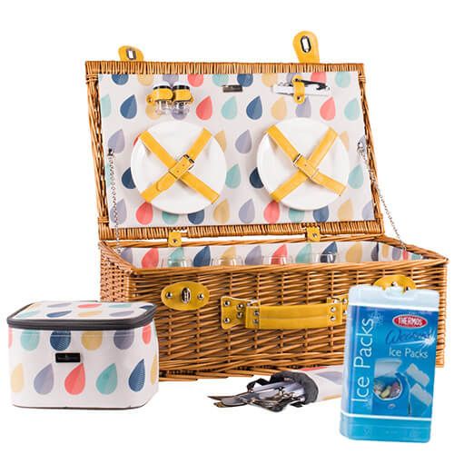 Navigate Beau & Elliot Raindrops Wicker Picnic Basket FREE Thermos Set Of Two Ice Packs 400g