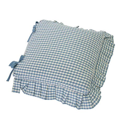 Walton & Co Auberge Gingham Frilled Cushion (Polly Filled) With Ties Wedgwood Blue