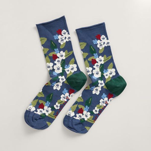 Seasalt Womens Bamboo Arty Socks Berry Blossom Blue Ink Size 4-7