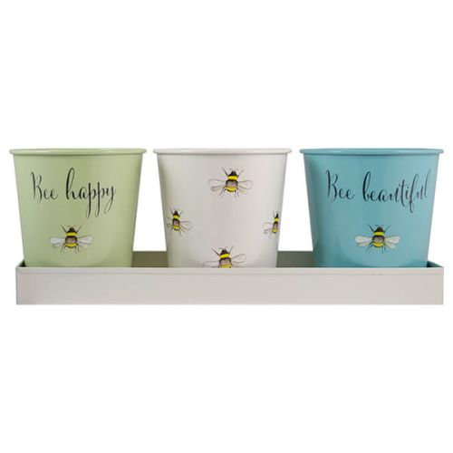 English Tableware Company Bee Happy Painted Steel 3 Pots with Tray