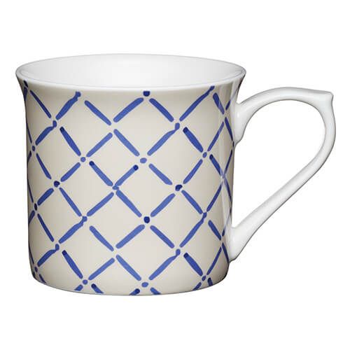 KitchenCraft China 300ml Fluted Mug, Blue Crosshatch