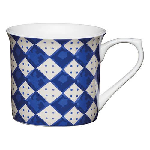 KitchenCraft China 300ml Fluted Mug, Blue Diamonds