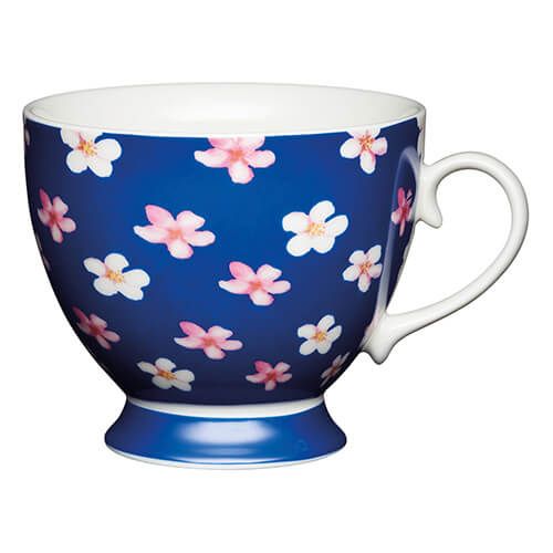 KitchenCraft China 400ml Footed Mug, Blue Ditsy