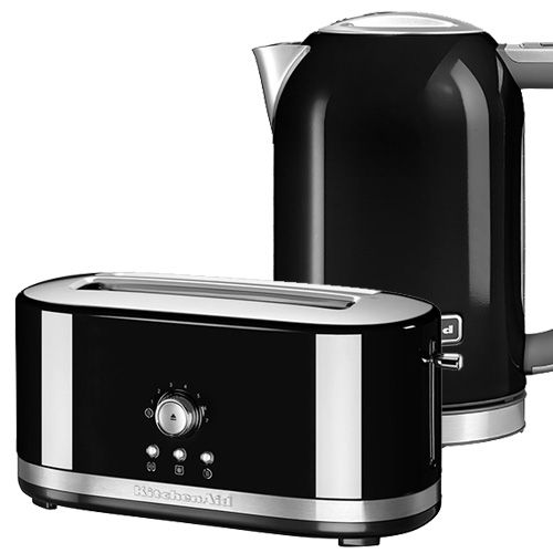 KitchenAid Onyx Black Long Slot Manual Toaster and 1.7L Kettle Set