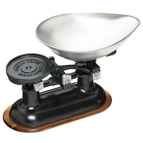 KitchenCraft Traditional Balance Scales in Black, Acacia Wood Stand