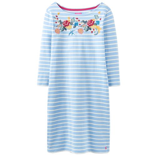 Joules 3/4 Sleeve Embroidered Jersey Riviera Dress Light Blue Embroidered Stripe