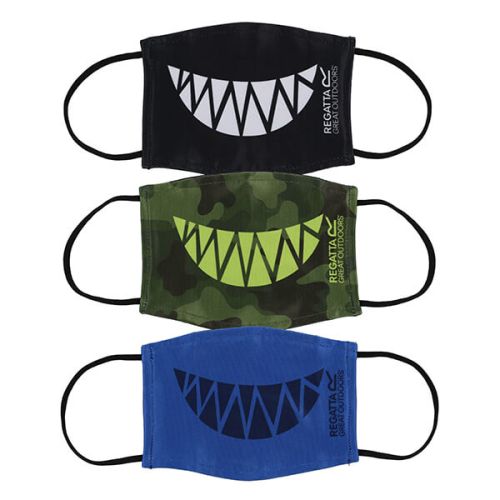 Regatta Pack of Three Kids Face Masks - Camo Teeth, Nautical Blue Teeth and Black Teeth