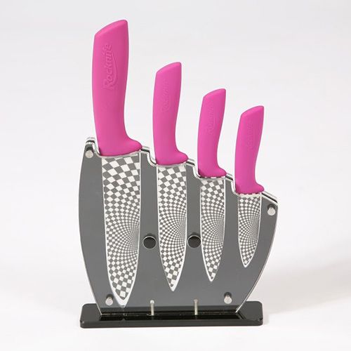 Rocknife 4 Piece Ceramic Knife Set Pink With FREE Knife Block