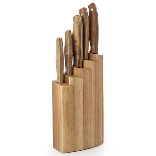 Taylors Eye Witness 5 Piece Triple Riveted Acacia Wood Knife Handles With Acacia Curve Wood Knife Block Set